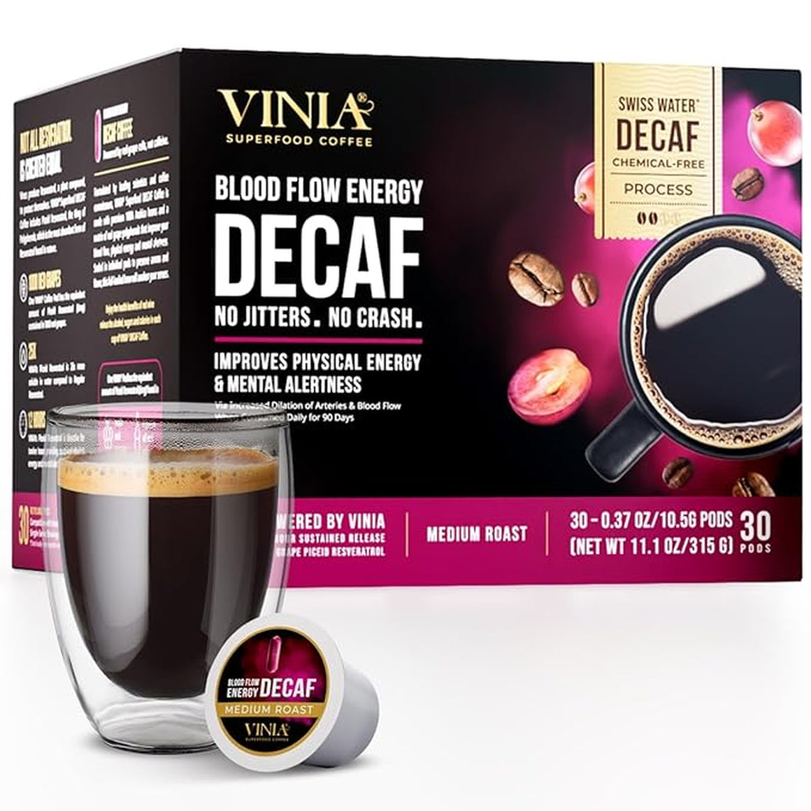VINIA Blood Flow Coffee DECAF - Medium Roast Superfood Coffee Pods, Swiss Water Process Powered by Red Grape Piceid Resveratrol Boost Energy Keurig Compatible K-Cup Coffee Pods, Caffeine Free, 30 Ct