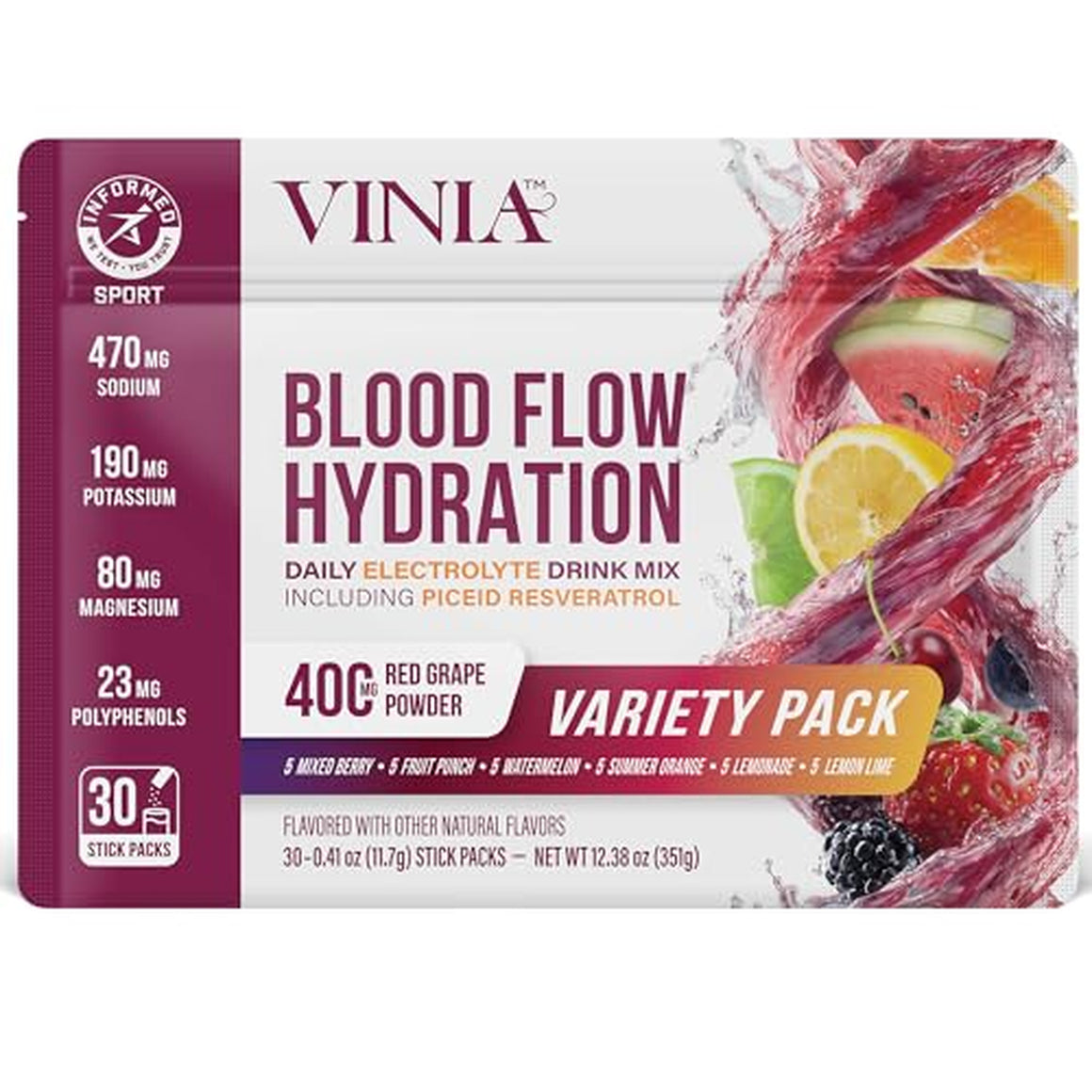 VINIA Blood Flow Electrolyte, Red Grape Piceid Resveratrol, 30 Stickpacks