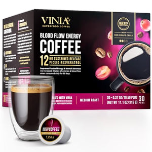 VINIA Blood Flow Energy Coffee Pods - Medium Roast Infused with Red Grape Piceid Resveratrol for Physical Energy & Mental Alertness, Keurig Compatible K Cups Superfood Coffee, Full-Bodied Chocolate Notes, 30 Ct