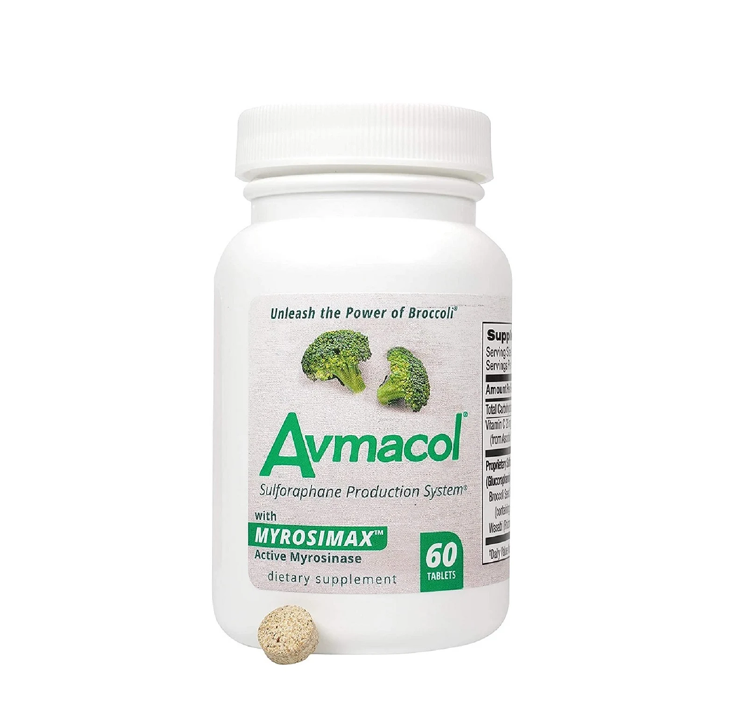 A white plastic bottle of Avmacol dietary supplement with a white cap, featuring a label with broccoli graphics and text including 'with MYROSIMAX' and '60 TABLETS'. A single beige tablet is placed in front of the bottle on a plain white background.