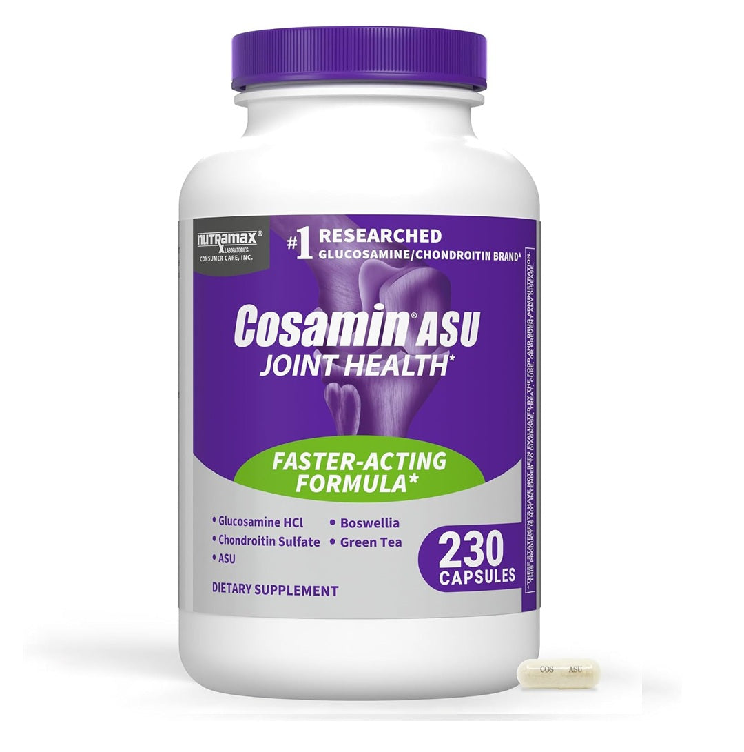 A white plastic bottle of Nutramax Cosamin ASU Joint Health dietary supplement with a purple cap and a purple, green, and gray label. A single beige capsule lies on the white surface to the lower right of the bottle.